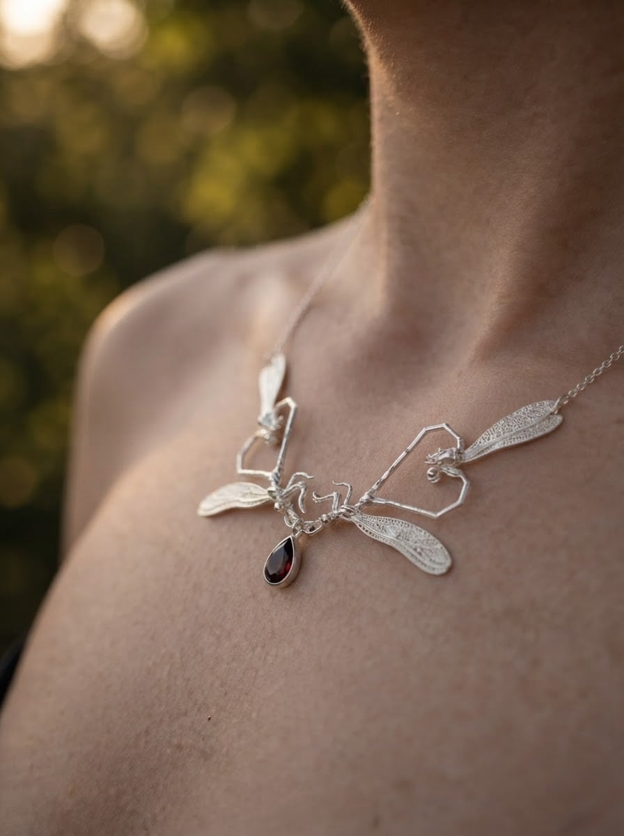 Dragonfly Love Necklace — Gold or Silver with Pear‑Cut Stone