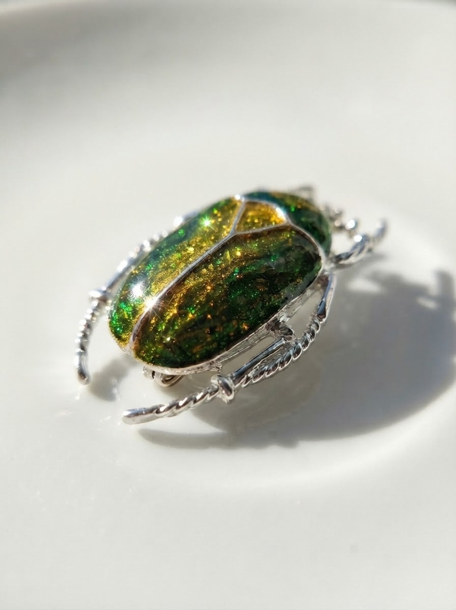 Green & Yellow Enamel Flower Beetle Pendant – Sculptural Insect Jewelry