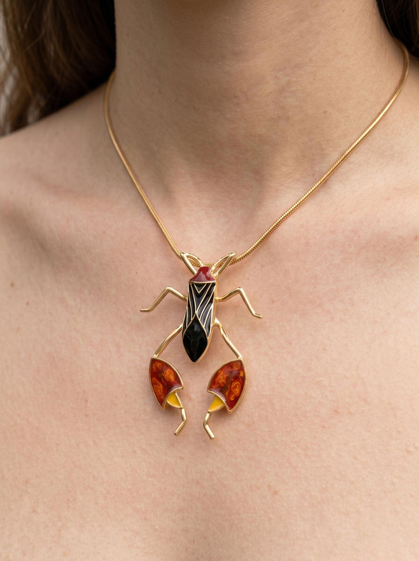 Leaf‑Footed Bug Pendant – Enamel Finish | Nature‑Inspired Sculptural Jewelry
