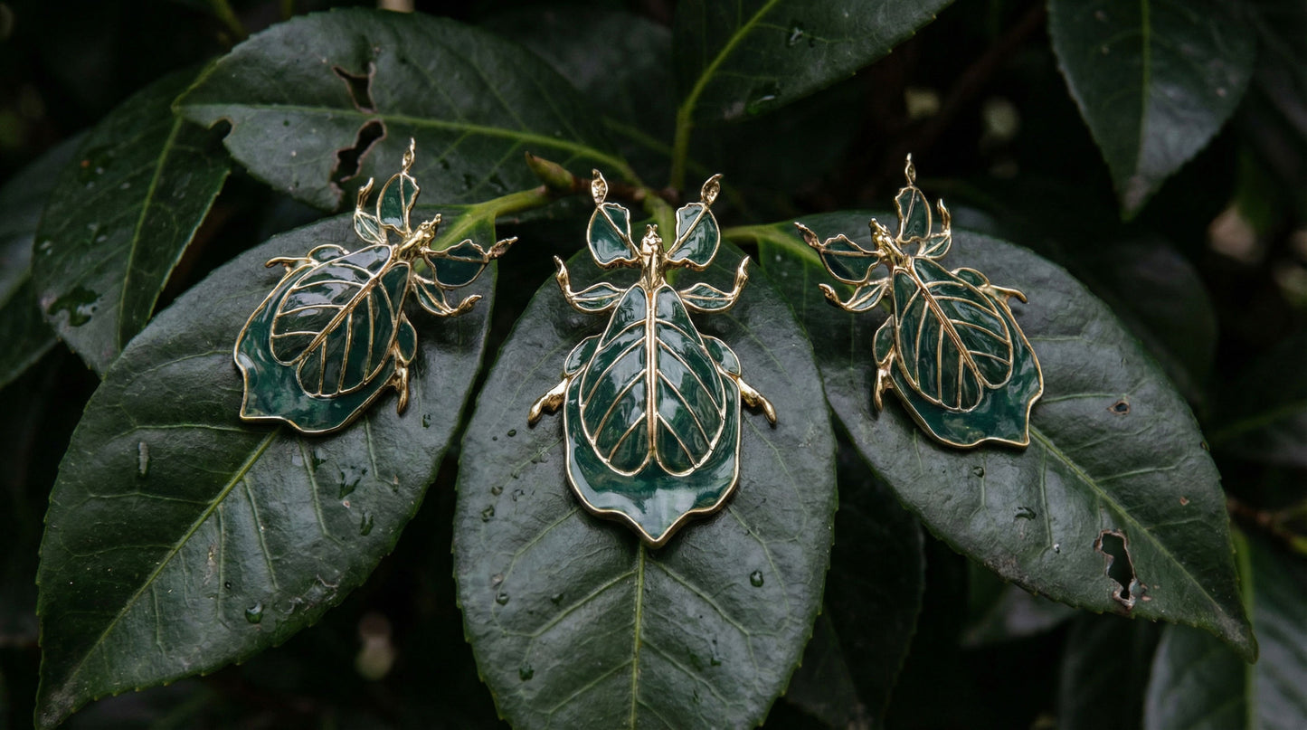 Three green enamel leaf‑insect pieces with gold outlines—two earrings and one pendant—arranged on large green leaves with water droplets.