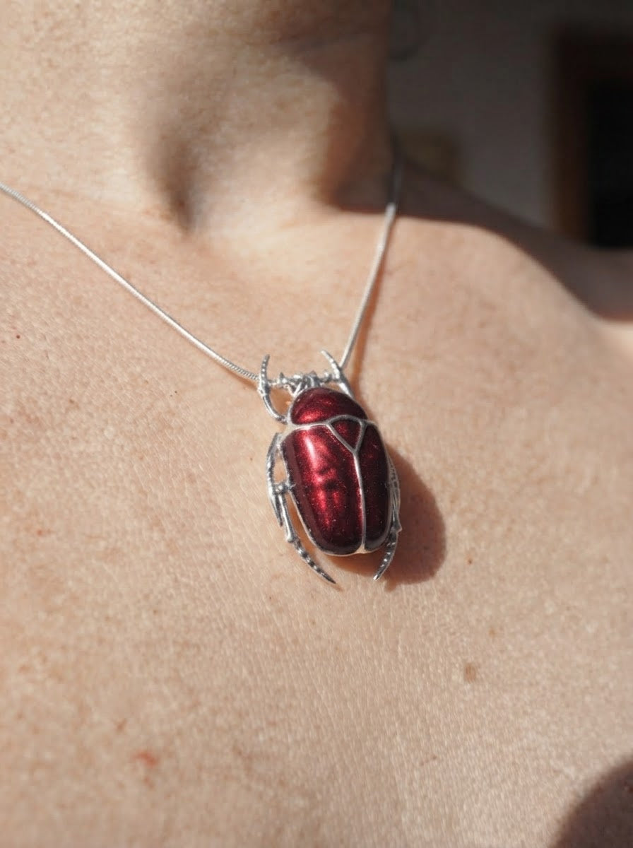 Dark Red Enamel Flower Beetle Pendant – Insect Necklace, Nature Inspired Jewelry