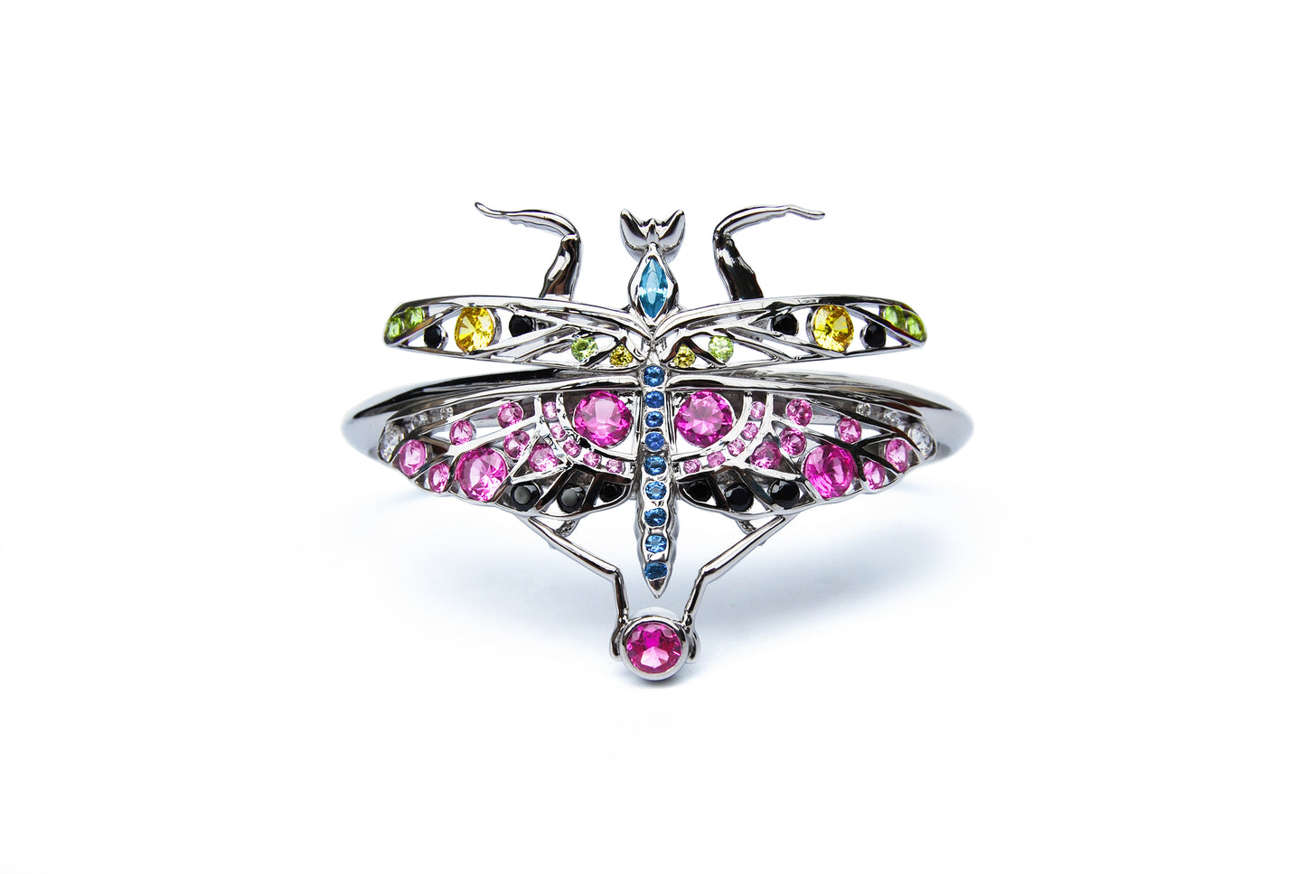 Zoomed-out view of sterling silver mantis jewelry with enamel and zirconia stones displayed in full composition