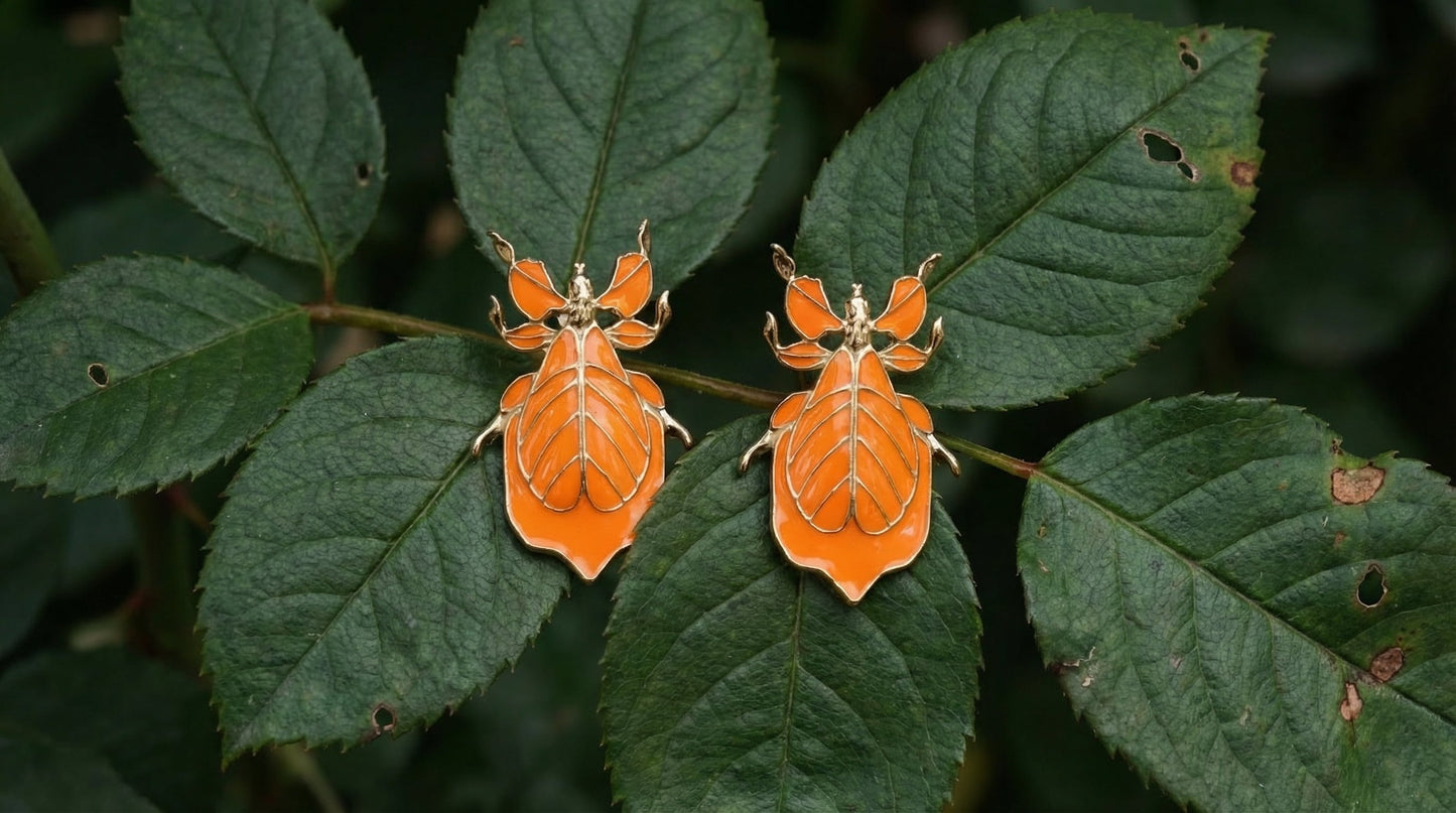 Phylliidae Orange Leaf Insect Earrings – Gold or Silver Studs with Orange Enamel