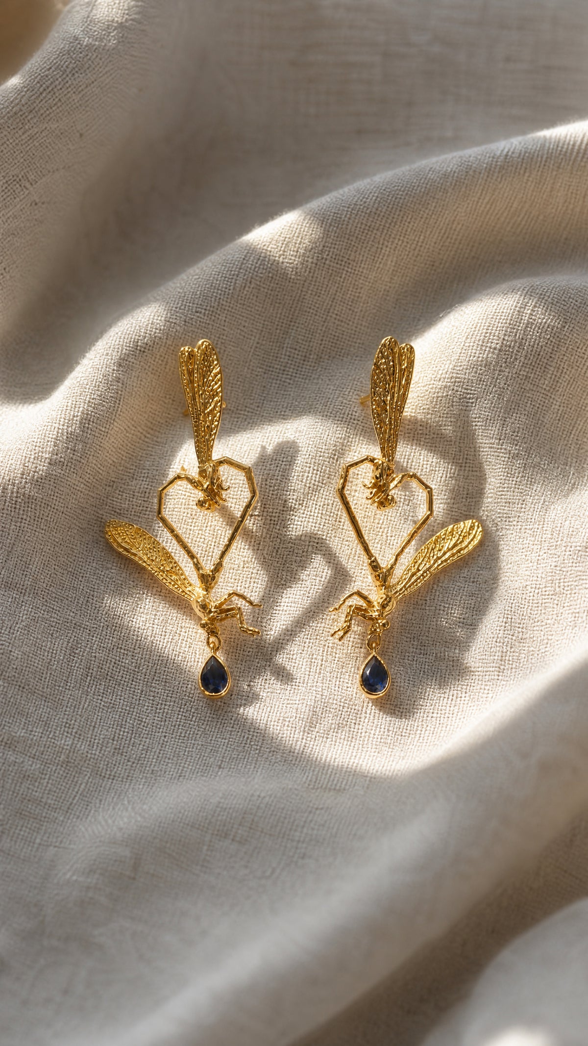Dragonfly Love Stud Earrings — Gold‑Plated Brass or Gold‑Plated Sterling Silver with Blue Pear‑Cut Stone