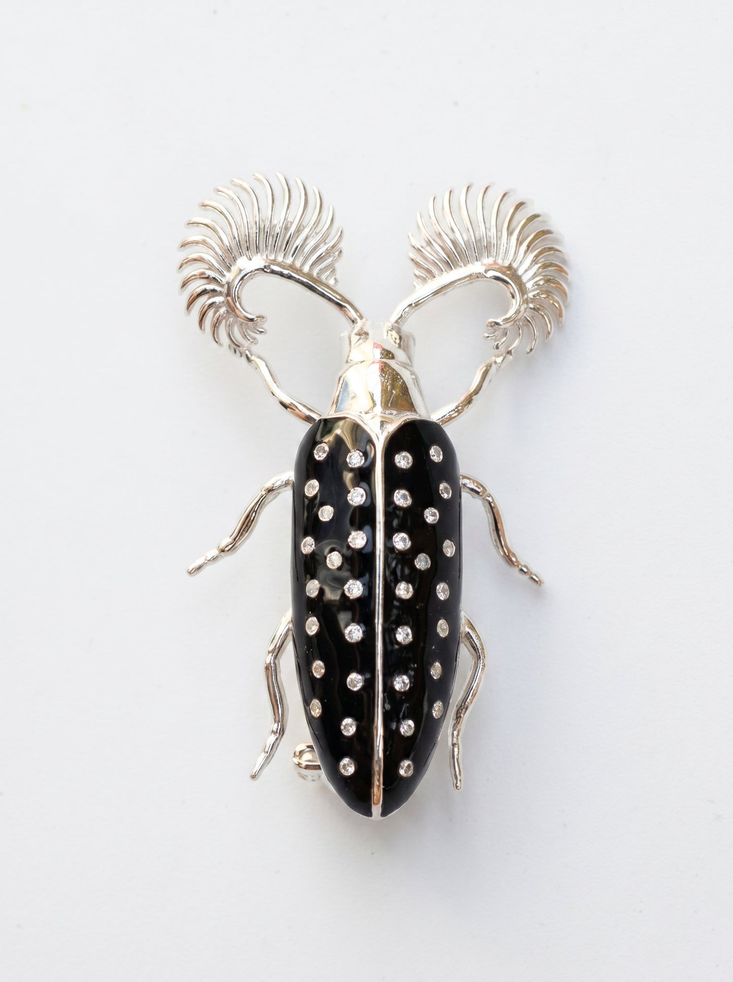 Feather‑Horned Beetle Brooch — Rhipicera sp. • Black Enamel + Crystals