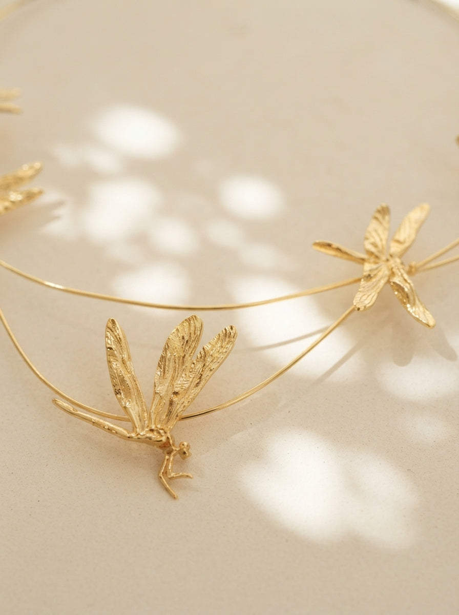 Dragonfly Flight Necklace — Sculptural Multi‑Wire Nature Jewelry in Sterling Silver or Gold