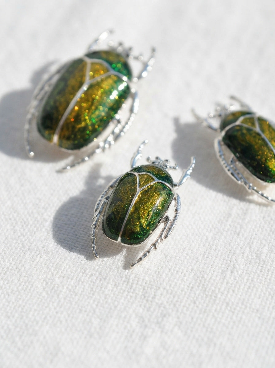 Green & Yellow Enamel Flower Beetle Pendant – Sculptural Insect Jewelry