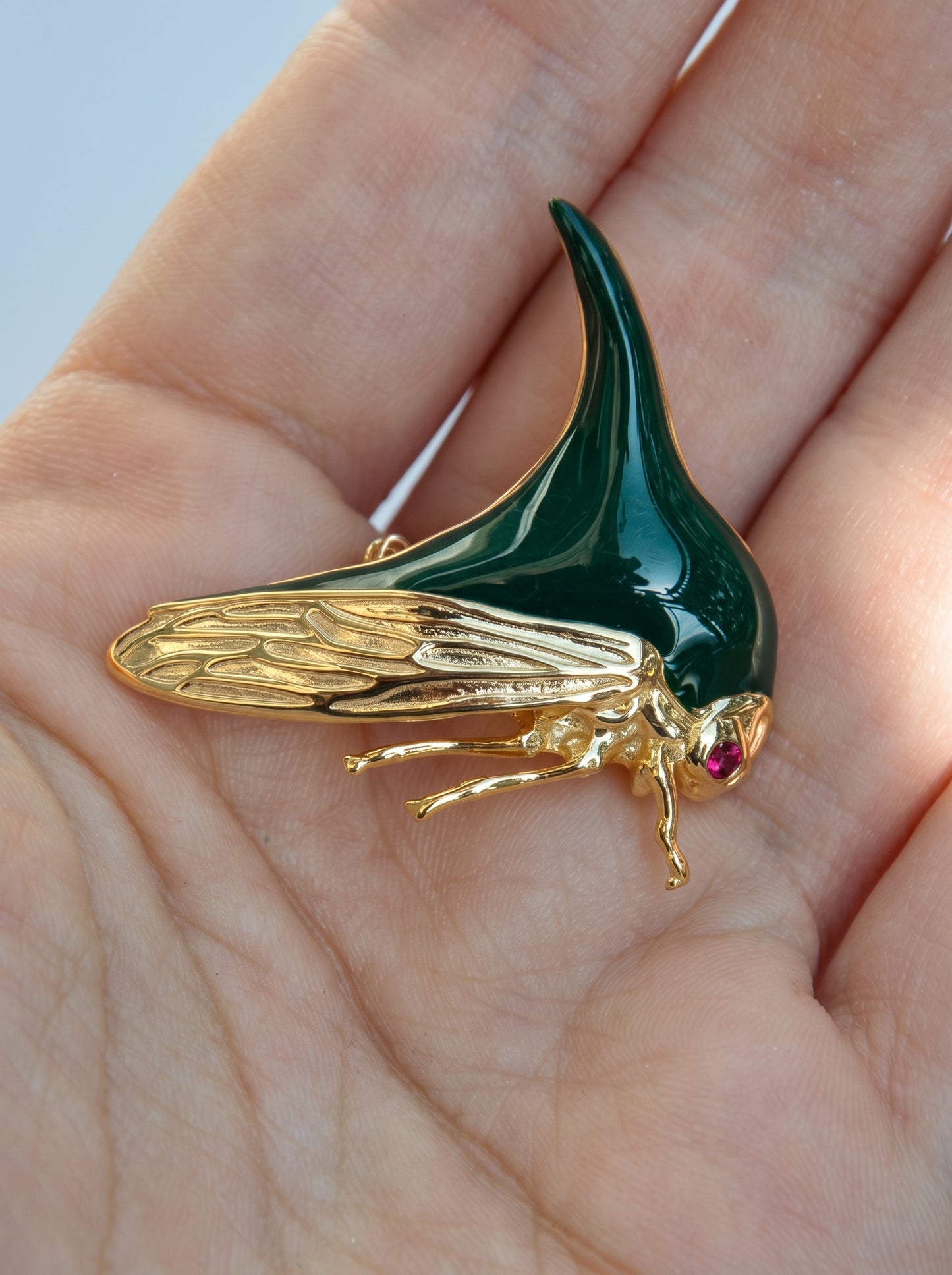 Treehopper Brooch – Deep Green Enamel & Gold‑Plated | Nature‑Inspired Insect Jewelry - brooch