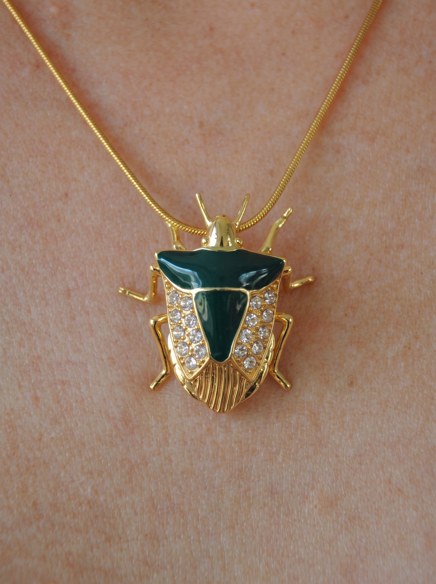 Stink Bug Pendant with Deep Green Enamel • Silver or 14k Gold‑Plated