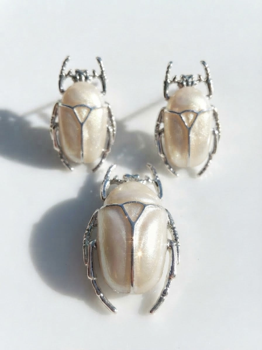Pearl White Enamel Flower Beetle Pendant – Insect Necklace, Nature Inspired Jewelry