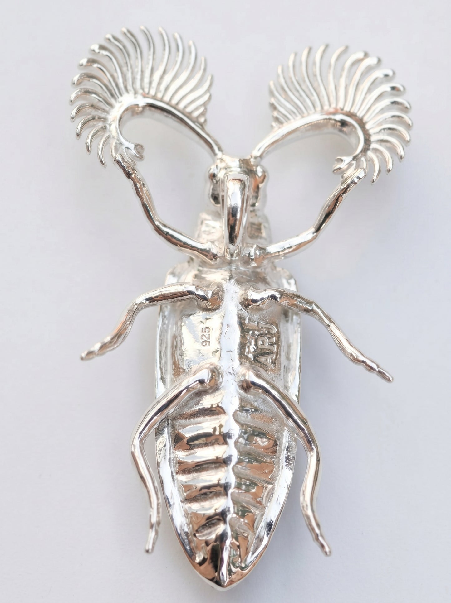 Feather‑Horned Beetle Pendant — Rhipicera sp. • Black Enamel + Crystals