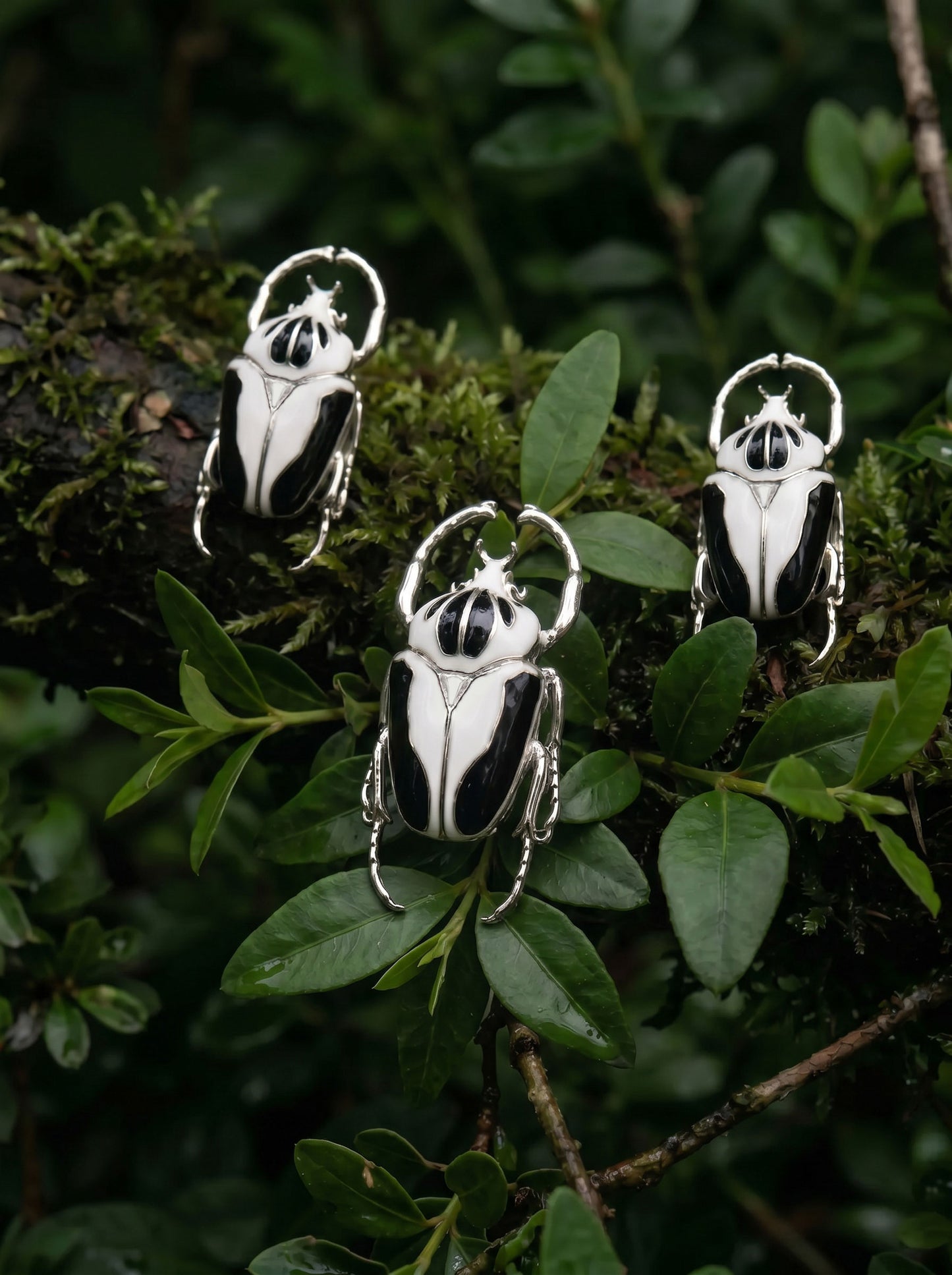 Goliath Beetle Stud Earrings — Sterling Silver or 14k Gold‑Plated with Black & White Enamel