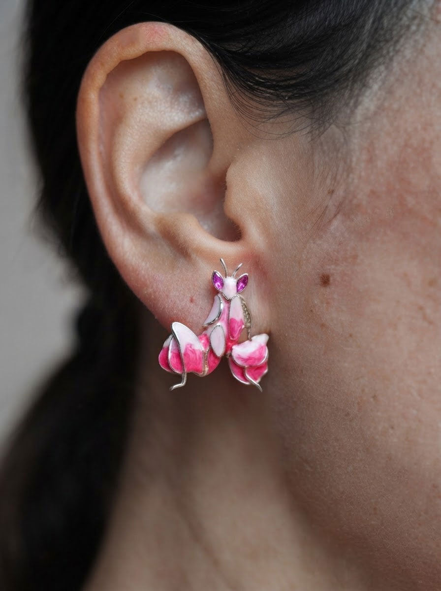 Pink Enamel Orchid Mantis Stud Earrings – Nature Inspired Insect Jewelry