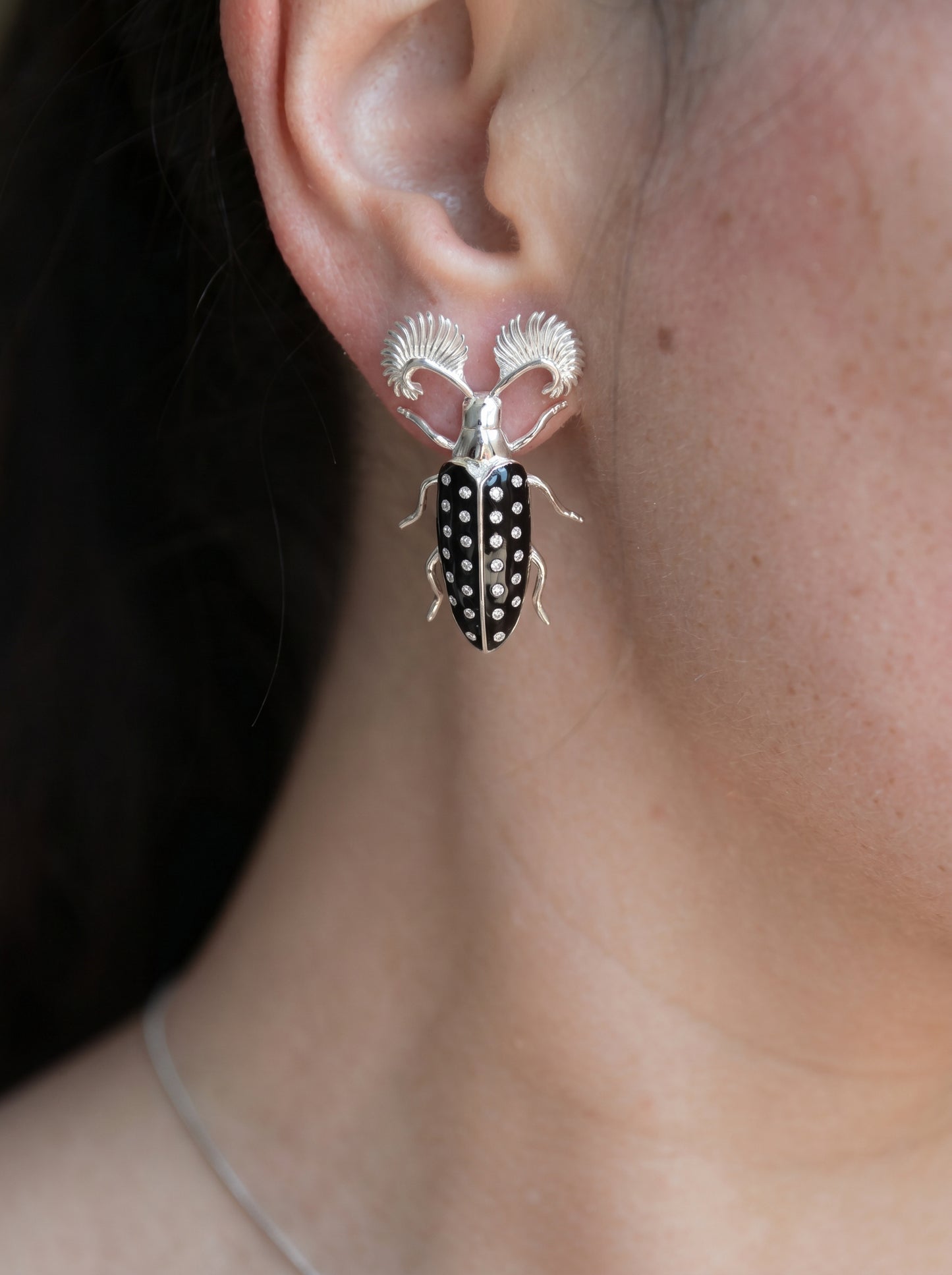 Feather‑Horned Beetle Stud Earrings — Rhipicera sp. • Black Enamel + Crystals