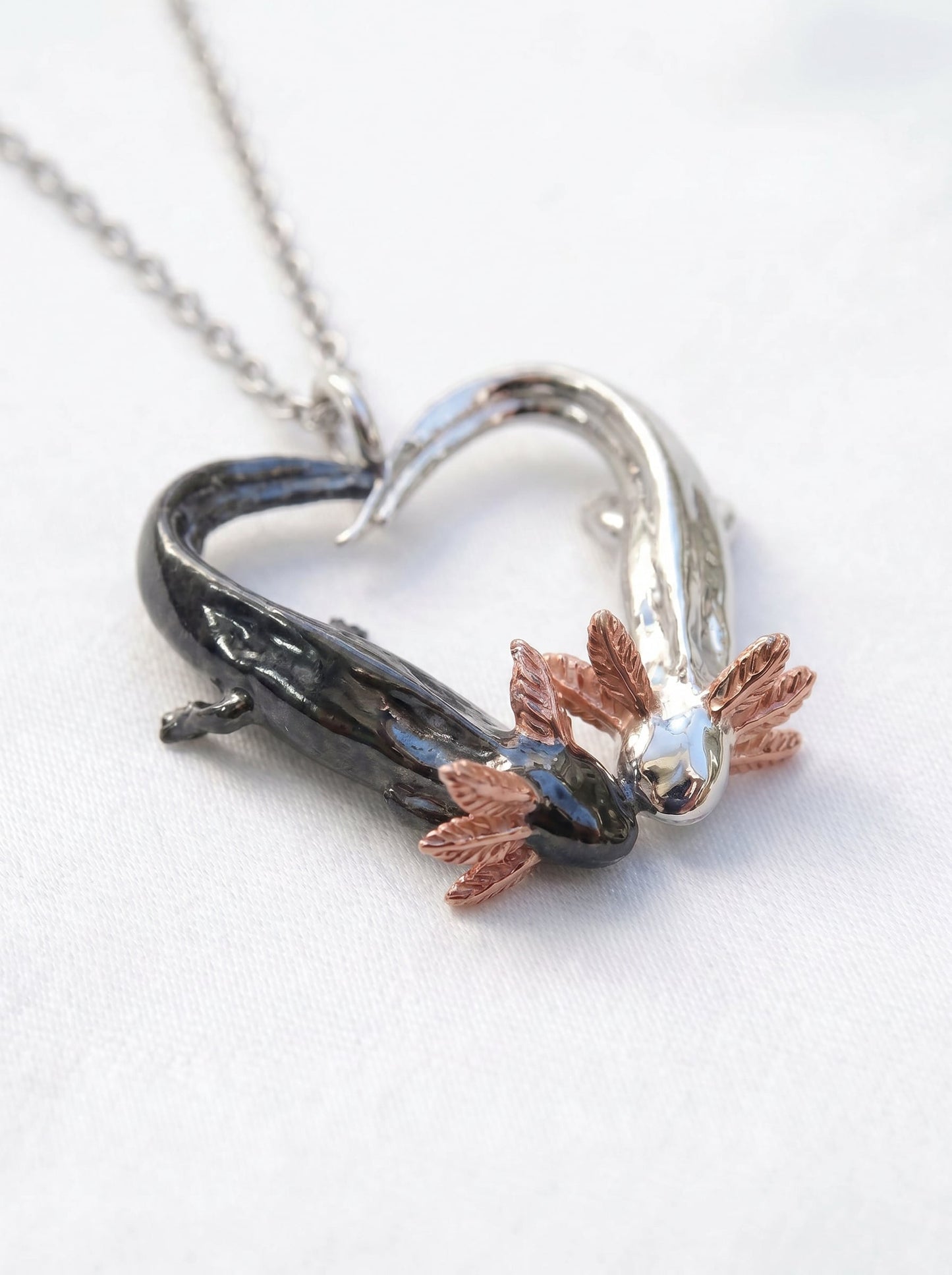 Axolotl Love Pendant – Heart-Shaped Axolotl Necklace in Silver & Rhodium | Anna Reikher Jewelry