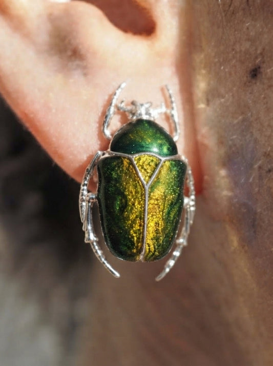 Green & Yellow Enamel Flower Beetle Stud Earrings – Sculptural Insect Jewelry