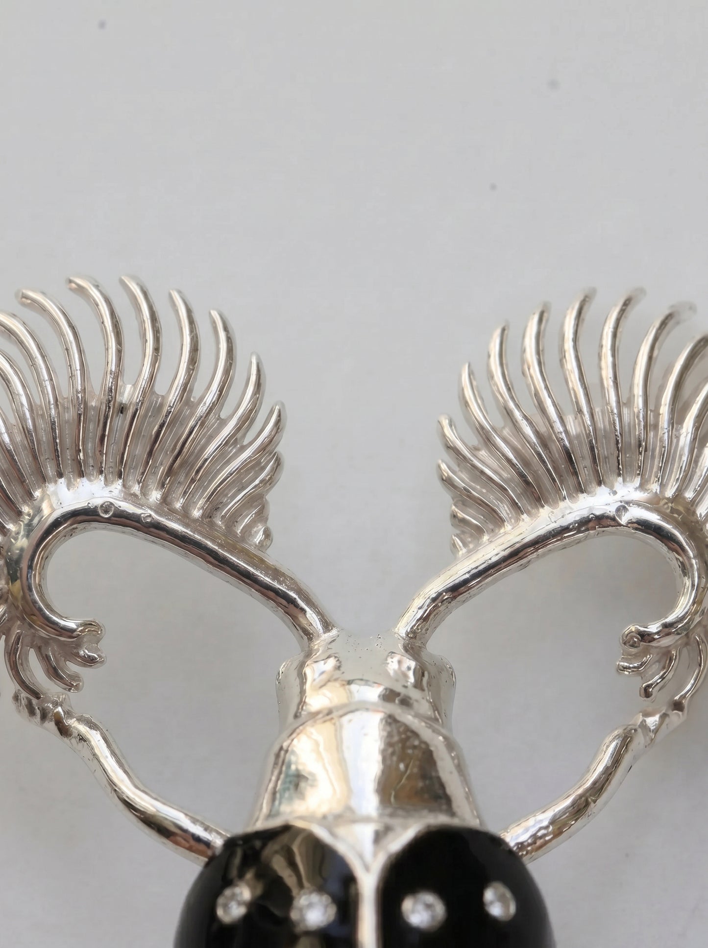 Feather‑Horned Beetle Pendant — Rhipicera sp. • Black Enamel + Crystals