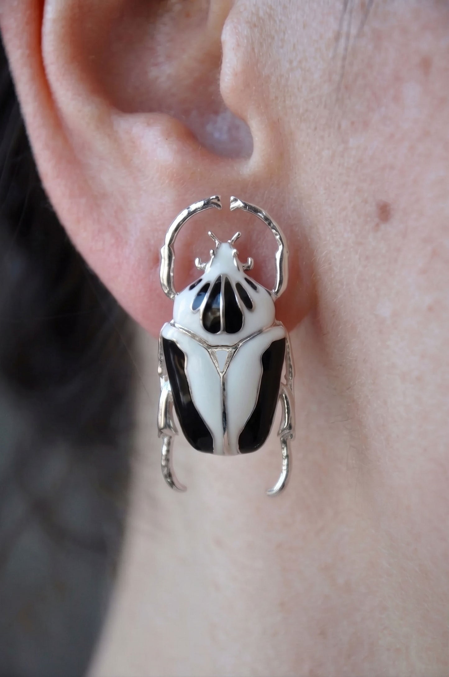 Goliath Beetle Stud Earrings — Sterling Silver or 14k Gold‑Plated with Black & White Enamel