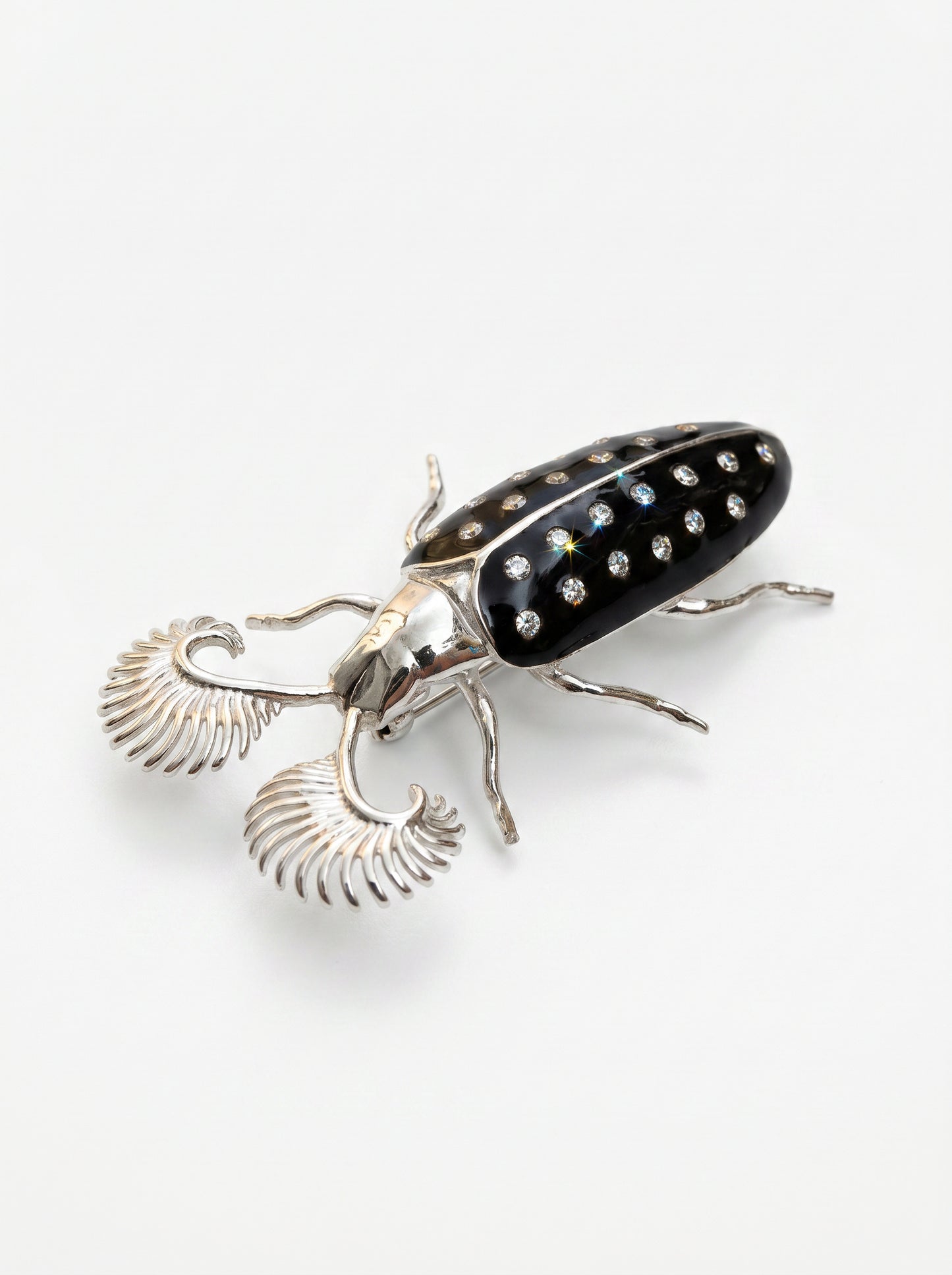 Feather‑Horned Beetle Pendant — Rhipicera sp. • Black Enamel + Crystals