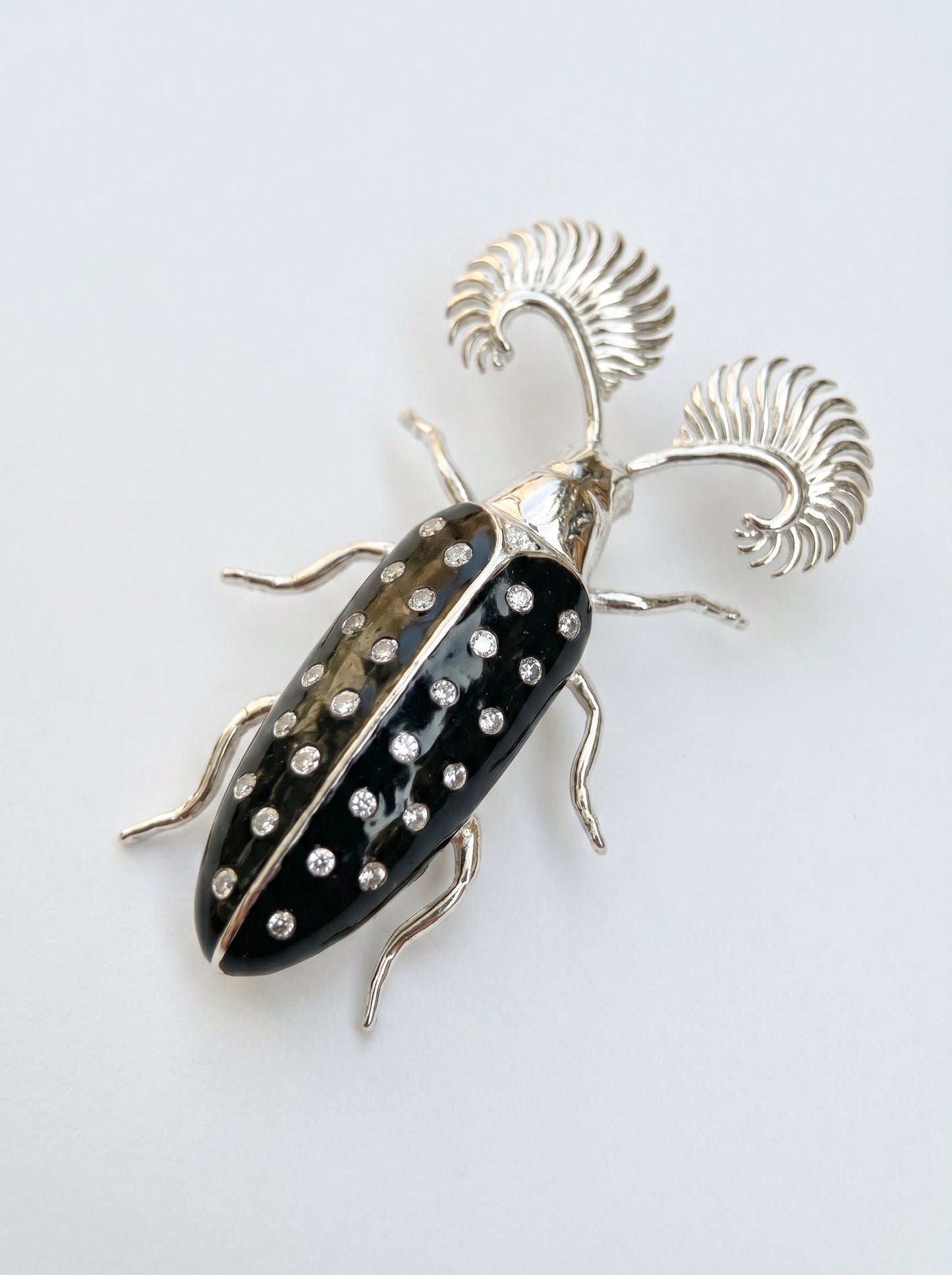 Feather‑Horned Beetle Pendant — Rhipicera sp. • Black Enamel + Crystals