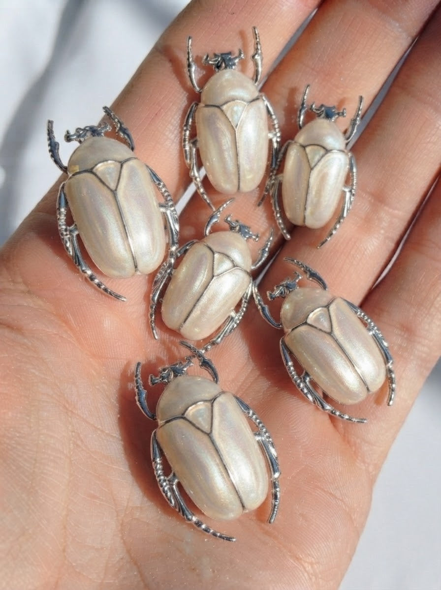 Pearl White Enamel Flower Beetle Pendant – Insect Necklace, Nature Inspired Jewelry