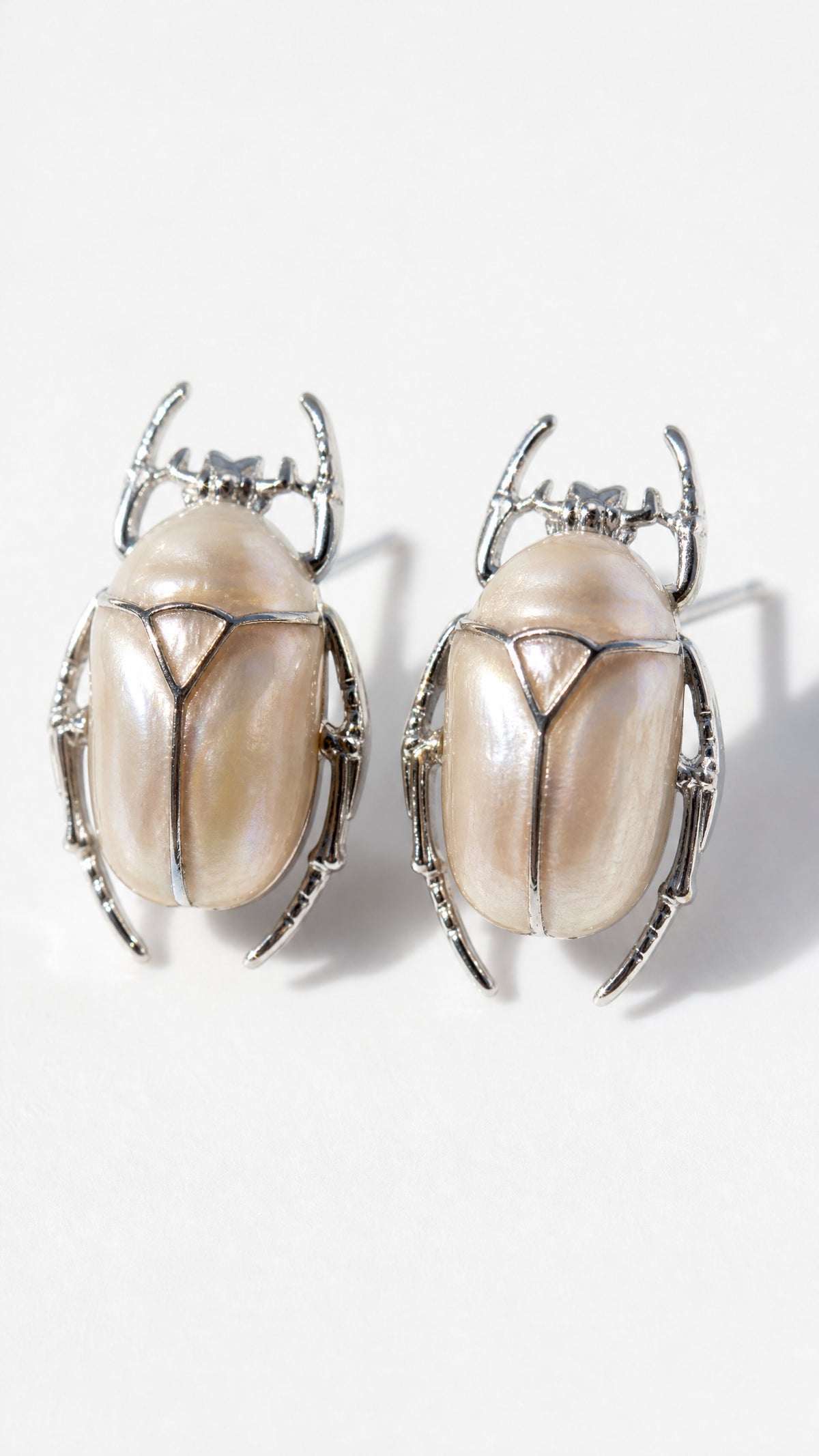 Pearl White Flower Beetle Stud Earrings – Enamel Insect Jewelry