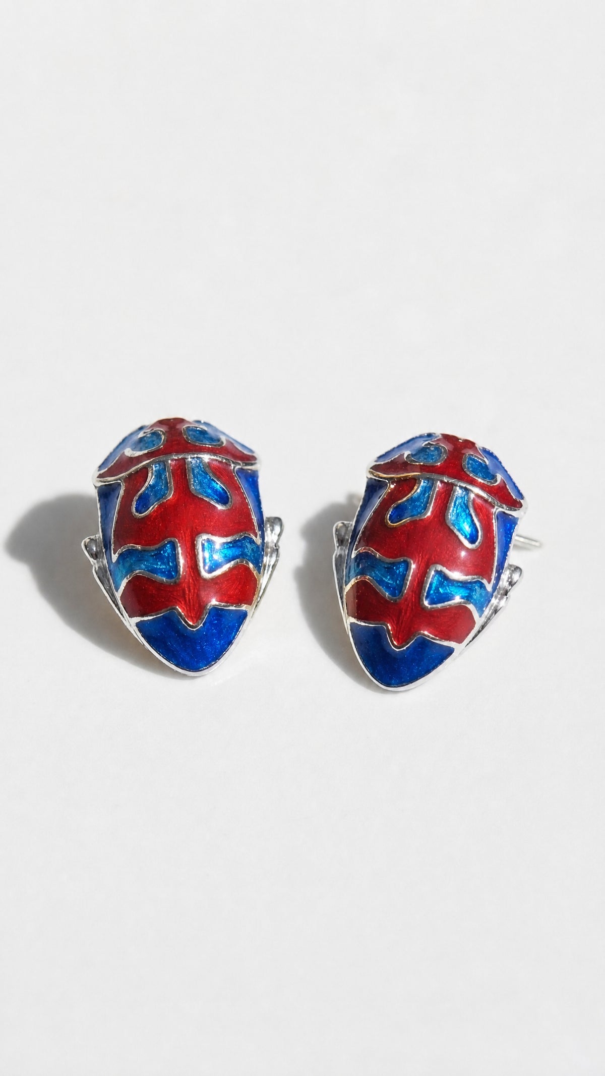 Harlequin Shield Bug Stud Earrings – Matte Red & Shiny‑Blue Enamel