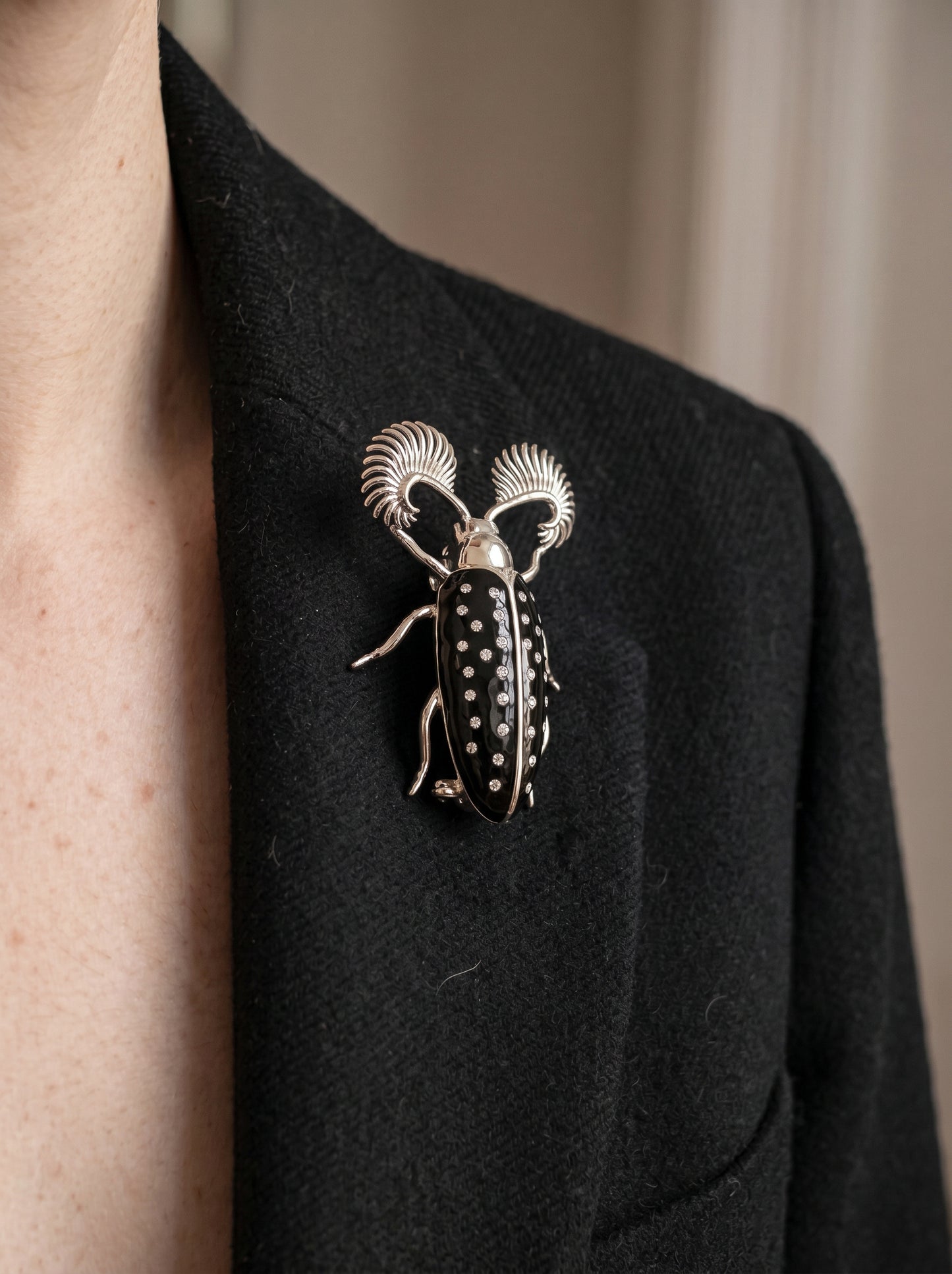 Feather‑Horned Beetle Brooch — Rhipicera sp. • Black Enamel + Crystals