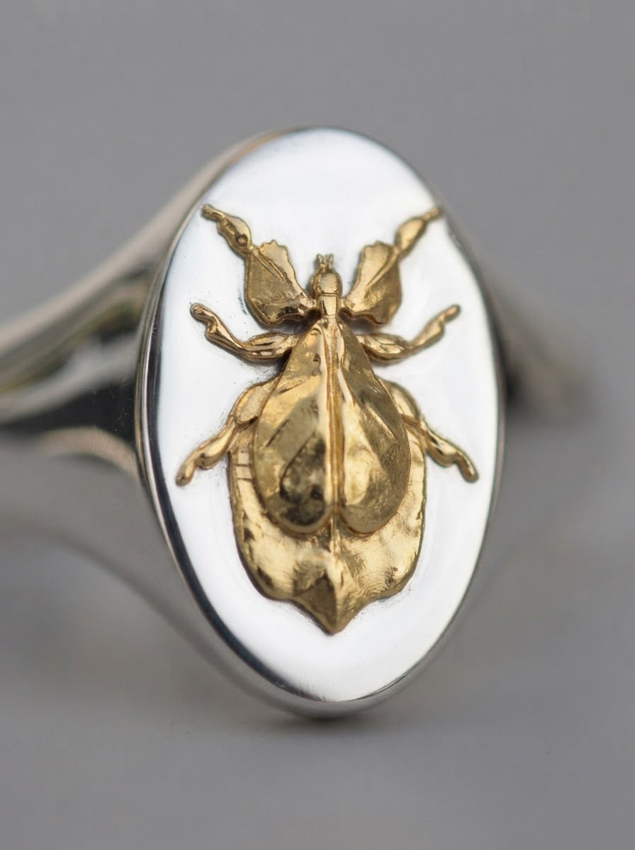 Capricorn Leaf Insect Signet Ring | Sterling Silver & Gold Plated