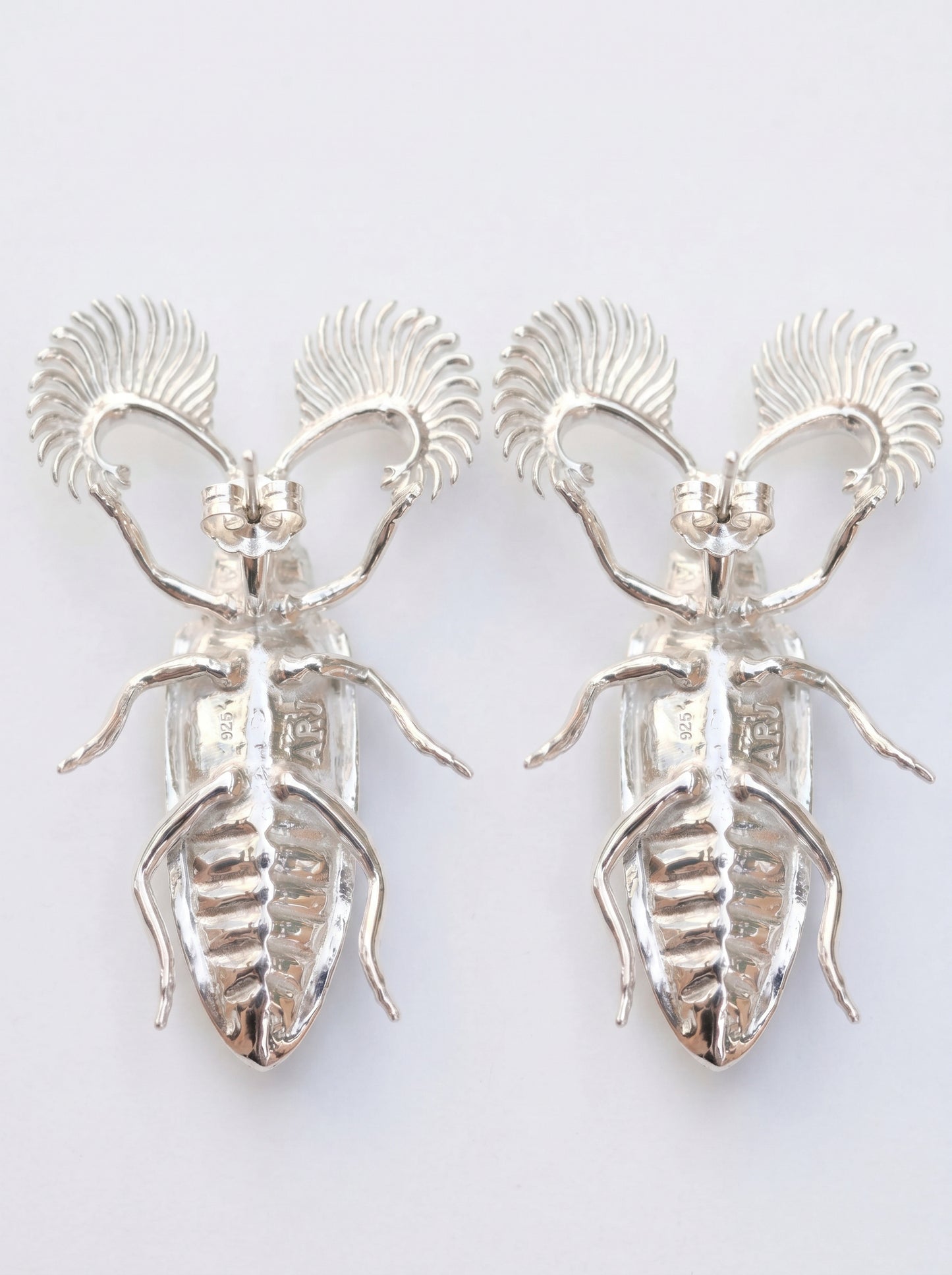 Feather‑Horned Beetle Stud Earrings — Rhipicera sp. • Black Enamel + Crystals