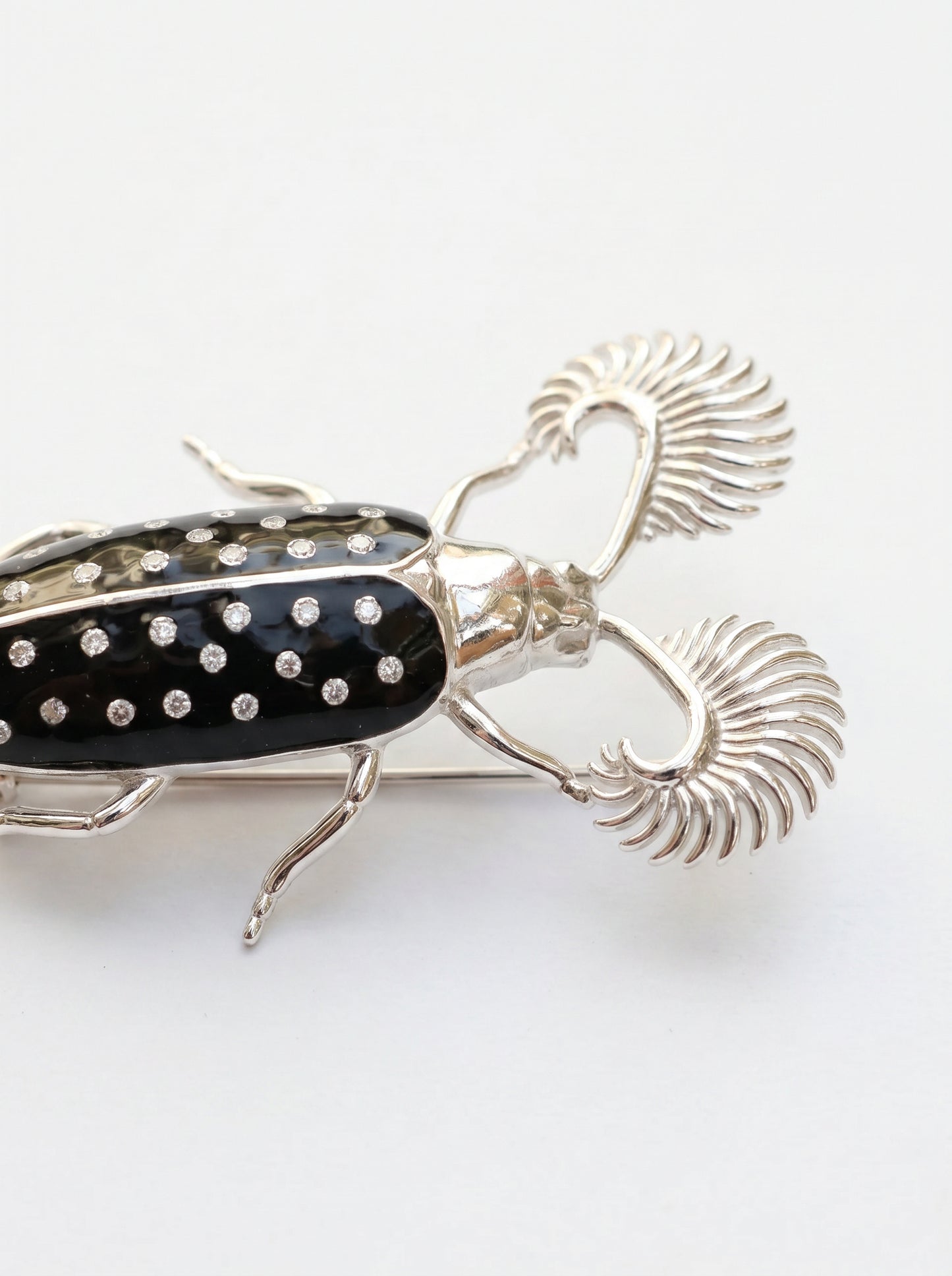 Feather‑Horned Beetle Brooch — Rhipicera sp. • Black Enamel + Crystals