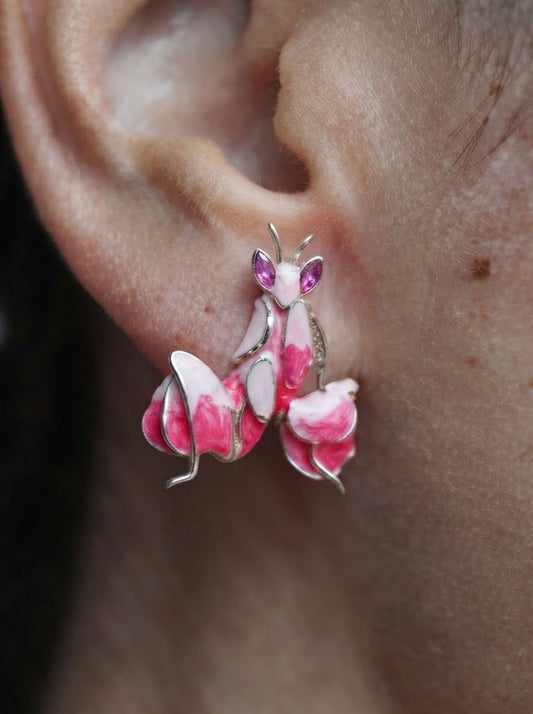 Pink Enamel Orchid Mantis Stud Earrings – Nature Inspired Insect Jewelry