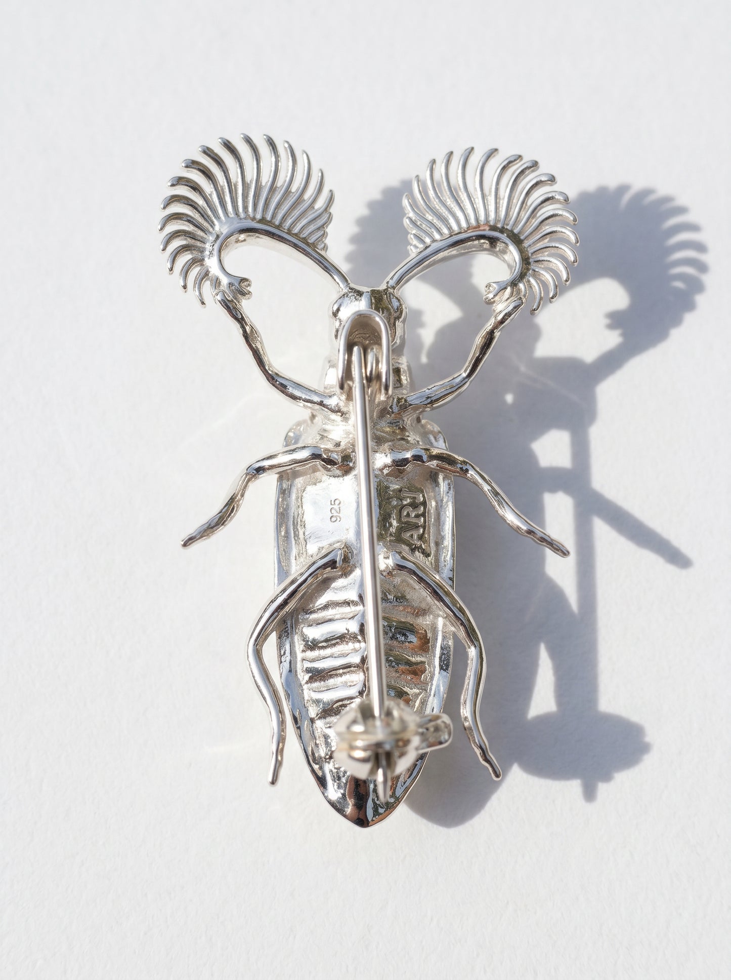 Feather‑Horned Beetle Brooch — Rhipicera sp. • Black Enamel + Crystals