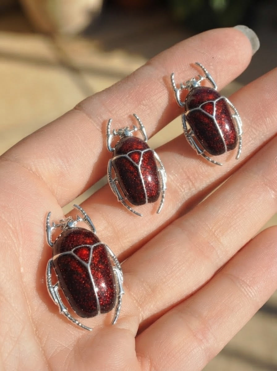 Dark Red Enamel Flower Beetle Pendant – Insect Necklace, Nature Inspired Jewelry