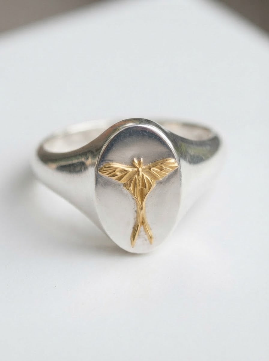 Cancer Luna Moth Signet Ring | Sterling Silver & Gold Plated