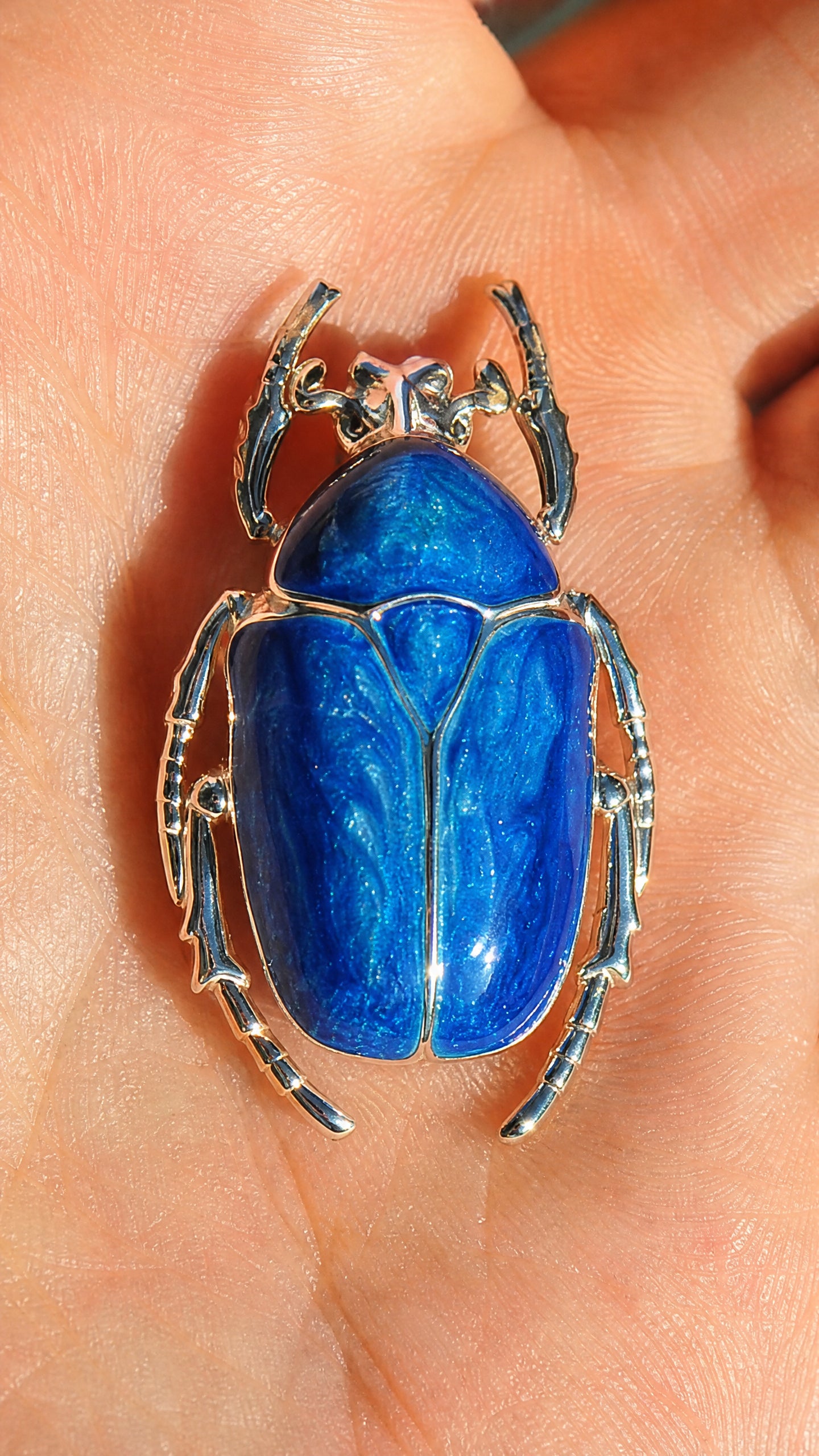 Blue Enamel Flower Beetle Pendant – Sculptural Insect Jewelry