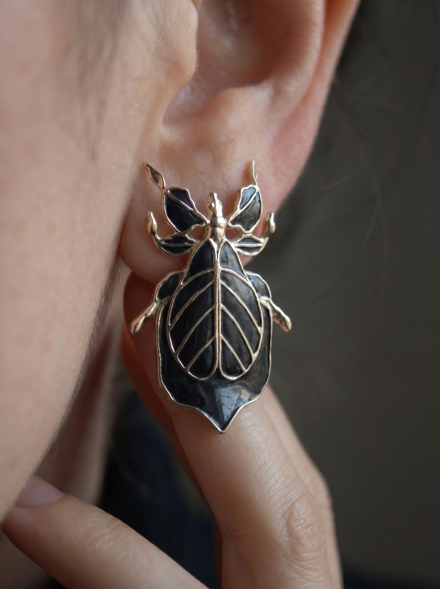 Phylliidae Leaf Insect Earrings – Gold or Silver Studs with Enamel