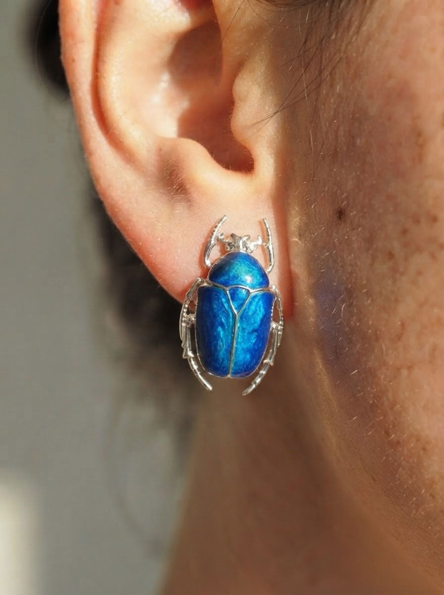 Blue Enamel Flower Beetle Stud Earrings – Sculptural Insect Jewelry