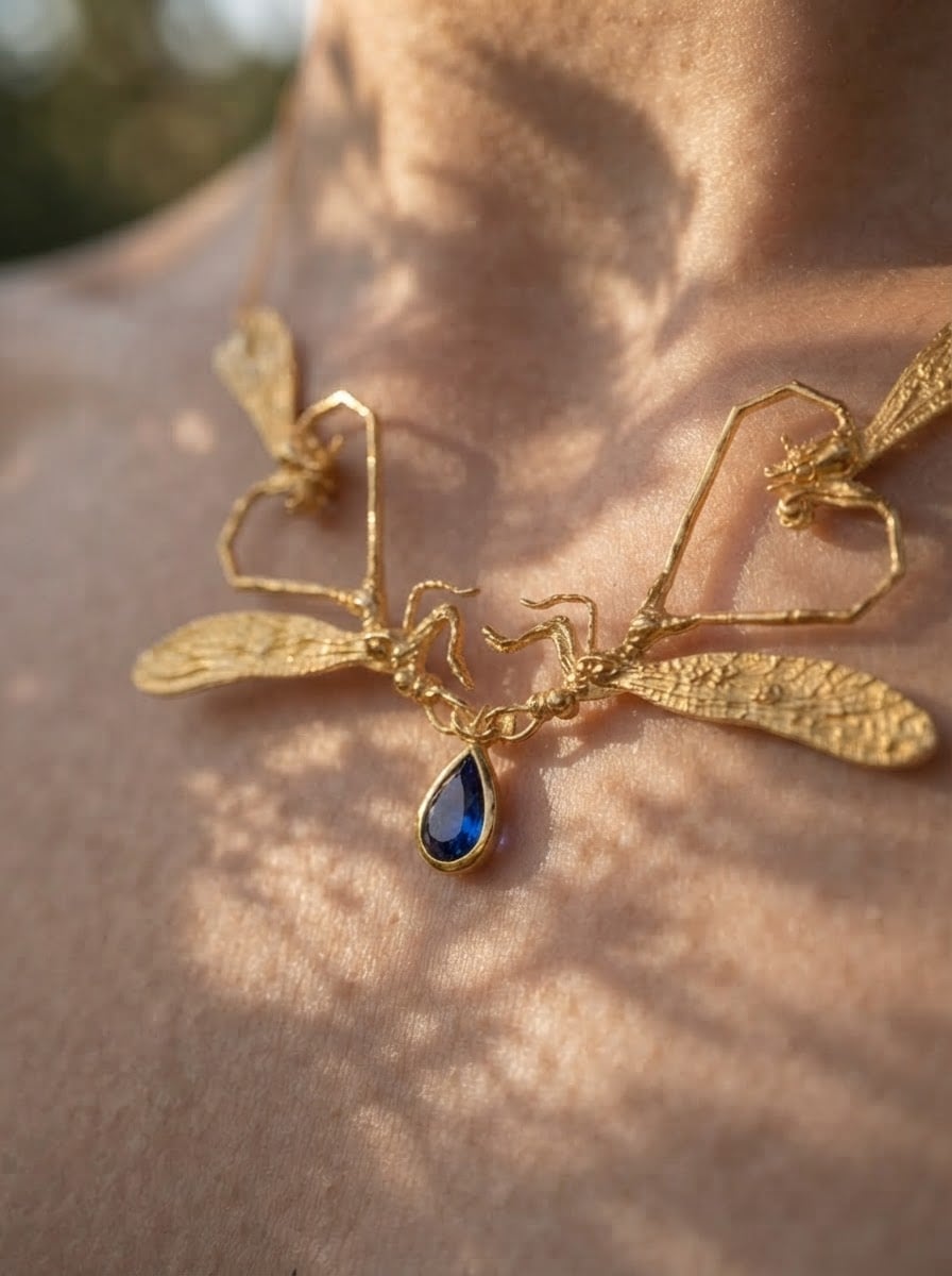 Dragonfly Love Necklace — Gold or Silver with Pear‑Cut Stone