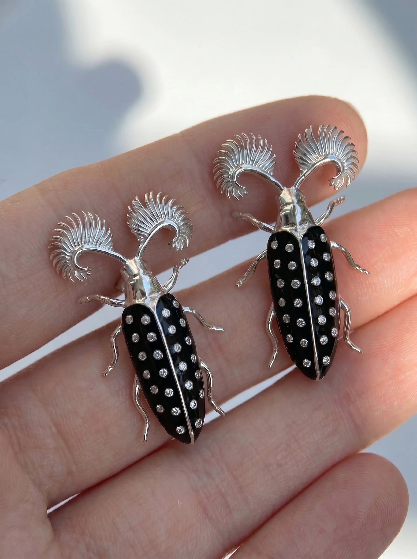Feather‑Horned Beetle Stud Earrings — Rhipicera sp. • Black Enamel + Crystals