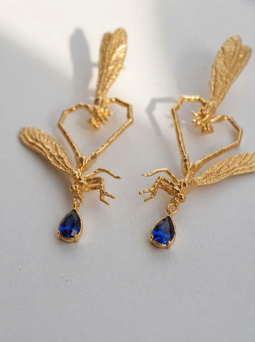 Dragonfly Love Stud Earrings — Gold‑Plated Brass or Gold‑Plated Sterling Silver with Blue Pear‑Cut Stone