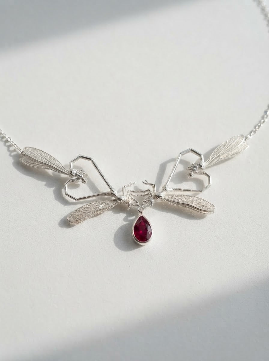 Dragonfly Love Necklace — Gold or Silver with Pear‑Cut Stone