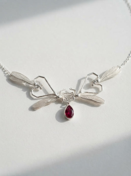 Dragonfly Love Necklace — Gold or Silver with Pear‑Cut Stone