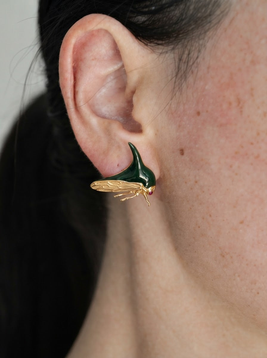 Treehopper Stud Earrings – Deep Green Enamel & Gold‑Plated | Nature‑Inspired Insect Jewelry - Earrings