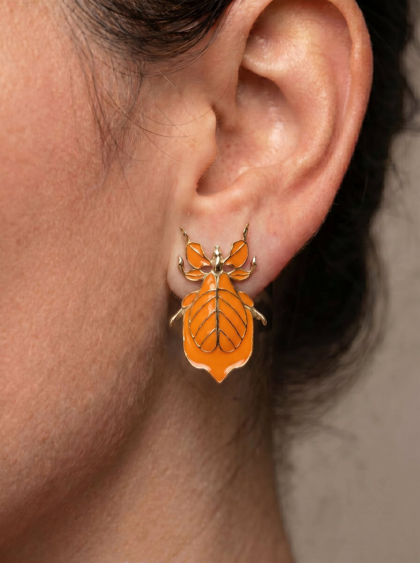 Phylliidae Orange Leaf Insect Earrings – Gold or Silver Studs with Orange Enamel