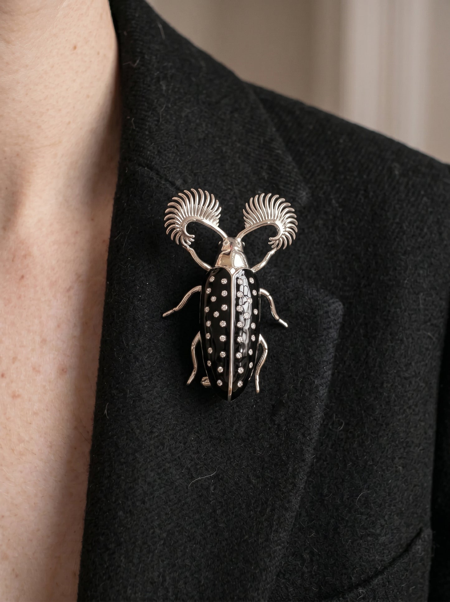 Feather‑Horned Beetle Brooch — Rhipicera sp. • Black Enamel + Crystals