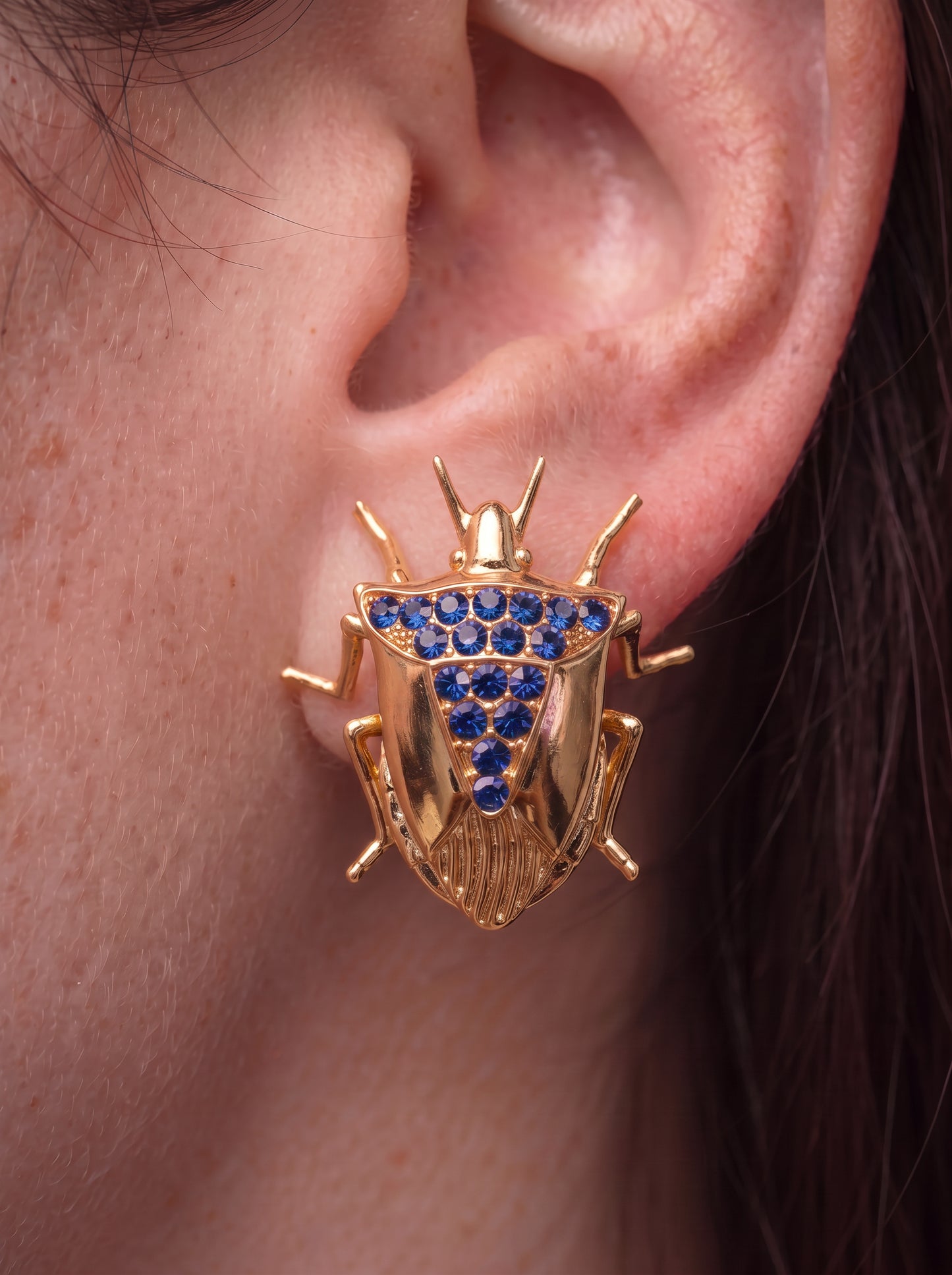 Stink Bug Stud Earrings • Deep Blue or Fuchsia Stones • Sculptural Insect Jewelry
