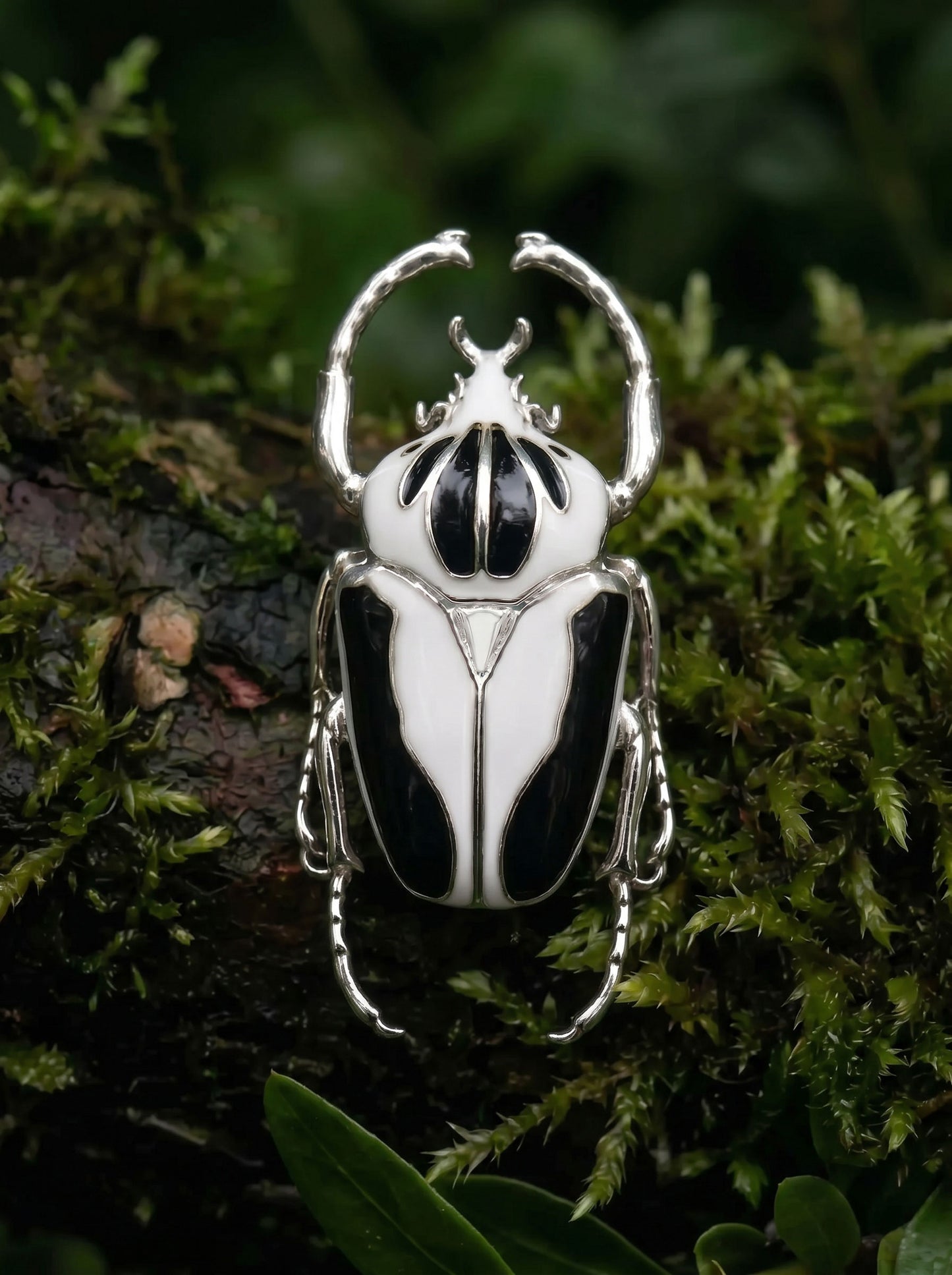 Goliath Beetle Pendant — Sterling Silver or 14k Gold‑Plated with Black & White Enamel