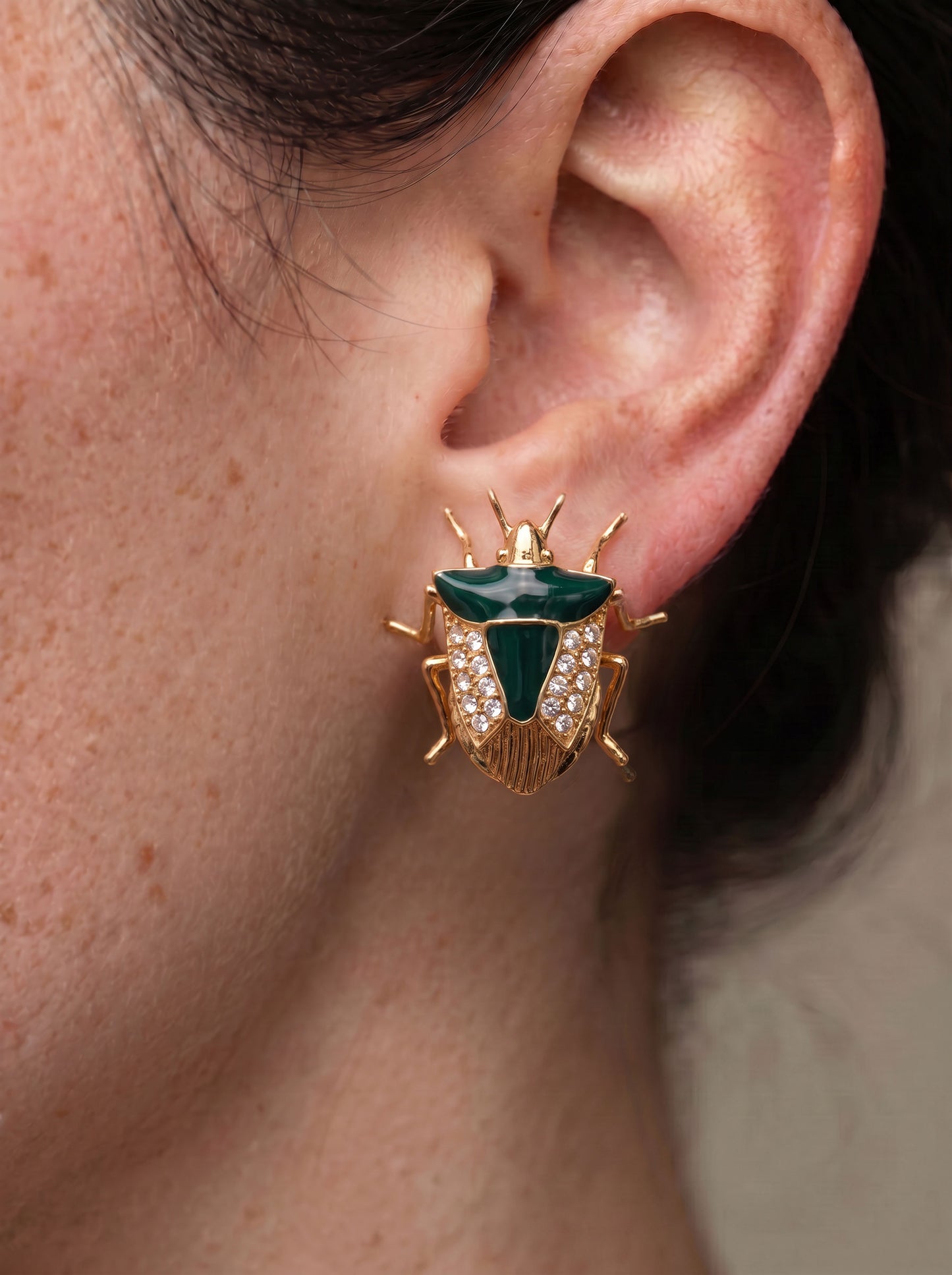 Stink Bug Stud Earrings with Deep Green Enamel • Silver or 14k Gold‑Plated