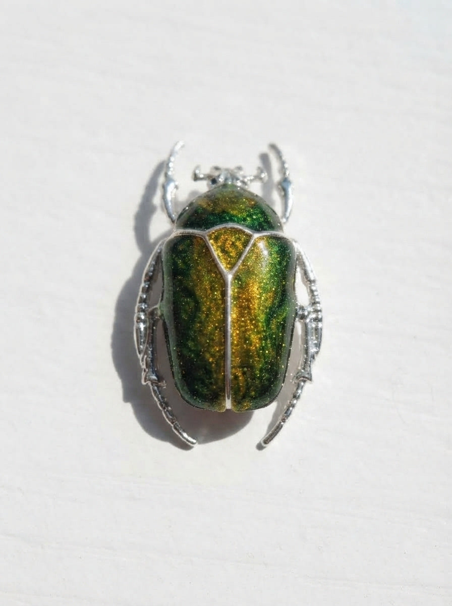 Green & Yellow Enamel Flower Beetle Pendant – Sculptural Insect Jewelry